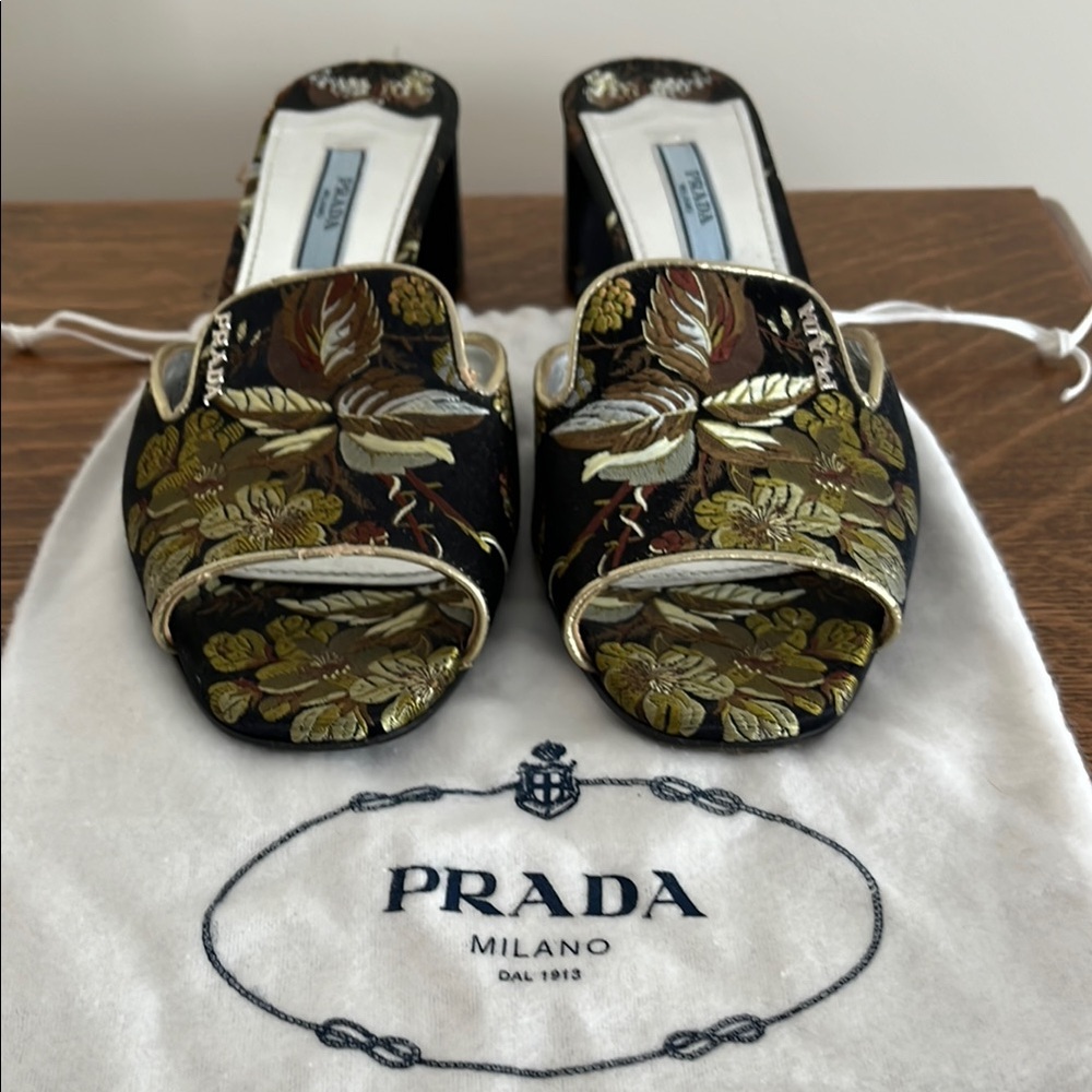 Prada Black and Gold Floral Mules